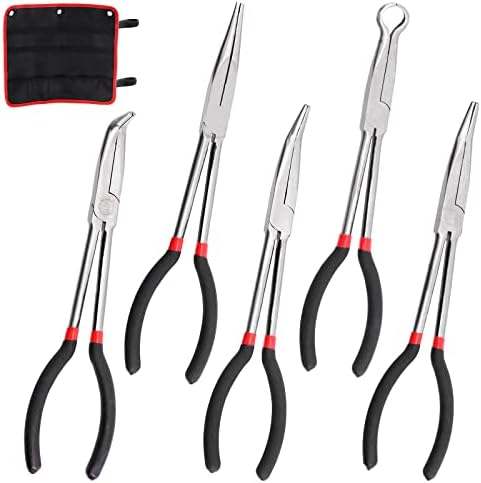 Keadic 5 Pcs 11 Long Needle Nose Pliers Set with Storage Bag Including Straight, 25 Degrees, 45 Degrees, 90 Degree Angle and Long Reach Circle Pliers for Auto Repair, Jewelry Making
